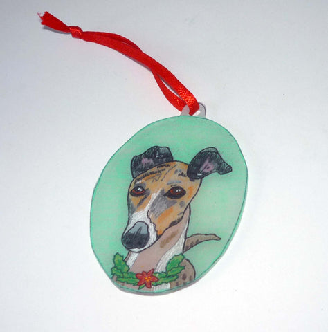 Hand Painted Brindle and White Greyhound Dog Ornament