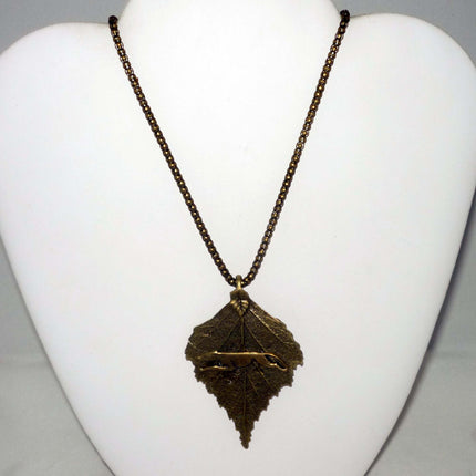 Antique Bronze Leaf Pendant w Running Greyhound or Whippet, Bronze Necklace