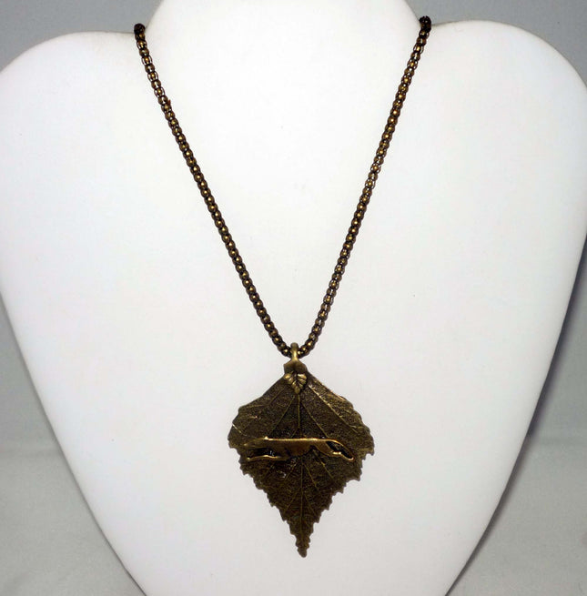 Antique Bronze Leaf Pendant w Running Greyhound or Whippet, Bronze Necklace