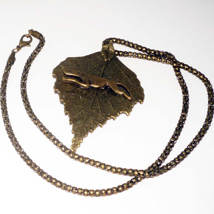 Antique Bronze Leaf Pendant w Running Greyhound or Whippet, Bronze Necklace
