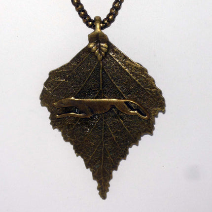 Antique Bronze Leaf Pendant w Running Greyhound or Whippet, Bronze Necklace
