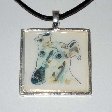 Abstract Collage Greyhound Dog Pendant with Genuine Leather Necklace