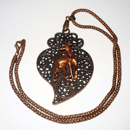 Copper Stylized Leaf Pendant w Copper Looking Back Greyhound / Whippet Dog, Copper Necklace