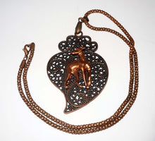 Load image into Gallery viewer, Copper Stylized Leaf Pendant w Copper Looking Back Greyhound / Whippet Dog, Copper Necklace
