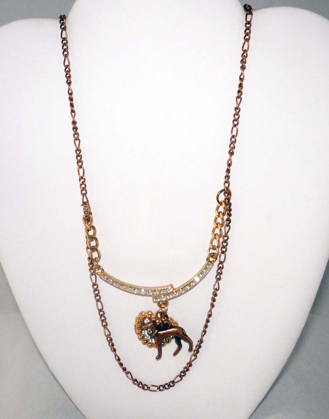 Copper Standing Greyhound Dog, Embellished Crystal Heart, Copper Necklace