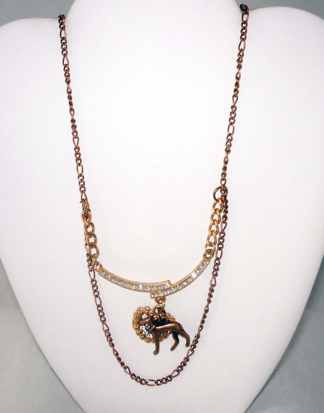 Copper Standing Greyhound Dog, Embellished Crystal Heart, Copper Necklace