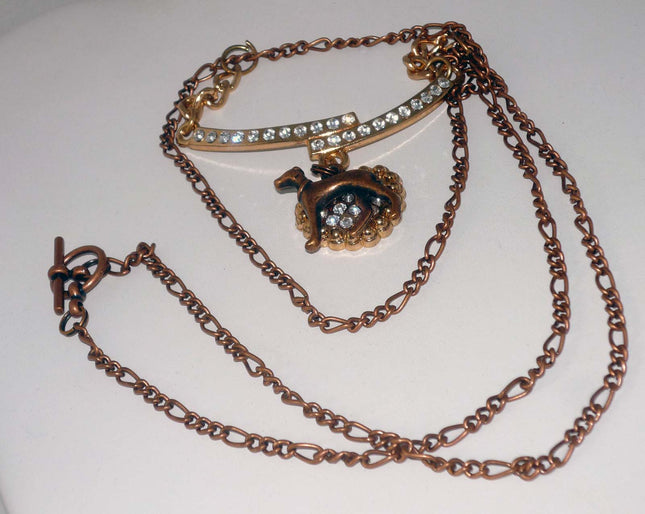 Copper Standing Greyhound Dog, Embellished Crystal Heart, Copper Necklace