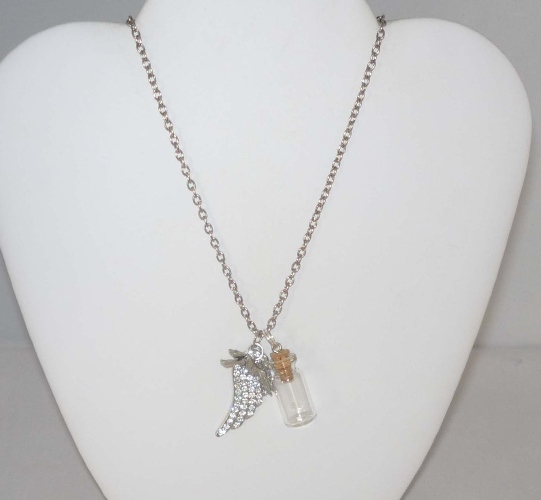 Pet Loss Memory Necklace w Crystal Wing, Glass Bottle and Greyhound Dog Charm