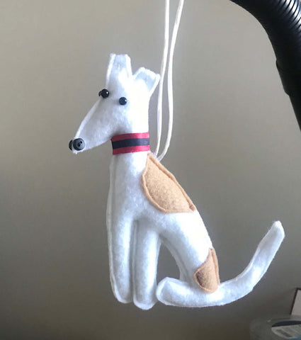 Felt Cutout Standing Greyhound Dog Ornament, Fawn and White w Ribbon Collar