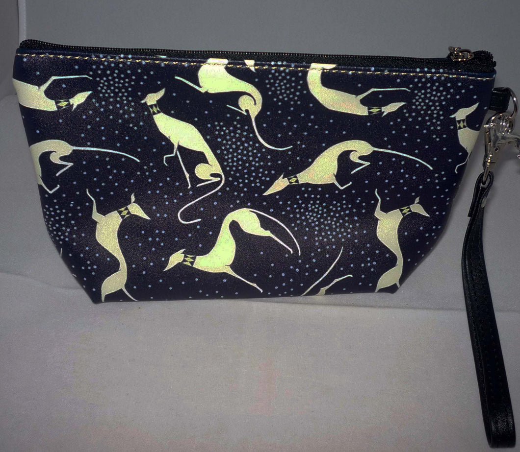 Black Dot Greyhound Clutch Zipper Bag with Greyhound Charm, Wrist Strap