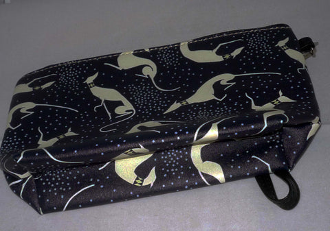 Black Dot Greyhound Clutch Zipper Bag with Greyhound Charm, Wrist Strap