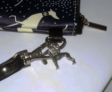 Load image into Gallery viewer, Black Dot Greyhound Clutch Zipper Bag with Greyhound Charm, Wrist Strap
