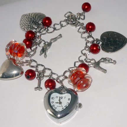 Red Bead + Heart-Shaped Watch Charm Bracelet with Greyhound or Whippet Dog Charms