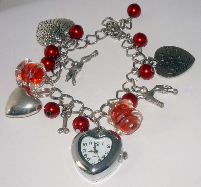 Red Bead + Heart-Shaped Watch Charm Bracelet with Greyhound or Whippet Dog Charms