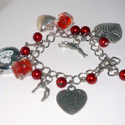 Red Bead + Heart-Shaped Watch Charm Bracelet with Greyhound or Whippet Dog Charms