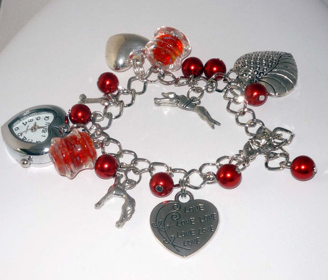 Red Bead + Heart-Shaped Watch Charm Bracelet with Greyhound or Whippet Dog Charms