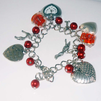 Red Bead + Heart-Shaped Watch Charm Bracelet with Greyhound or Whippet Dog Charms