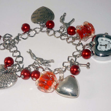 Red Bead + Heart-Shaped Watch Charm Bracelet with Greyhound or Whippet Dog Charms